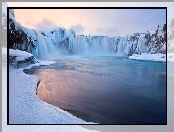 Śnieg, Rzeka, Wodospad Godafoss, Islandia, Zima