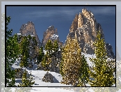 Góry, Śnieg, Włochy, Dolomity, Sassolungo Langkofel, Skały, Drzewa