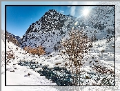 Zima, Varzob, Śnieg, Tadżykistan, Góry Gissar, Rzeka Siama, Drzewa, Promienie słońca