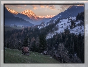 Góry, Gmina Arzl im Pitztal, Austria, Alpy, Drzewa, Domy, Śnieg