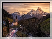 Drzewa, Kościół, Alpy Salzburskie, Droga, Niemcy, Sanktuarium Maria Gern, Bawaria, Góry, Berchtesgaden