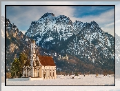 Góry, Bawaria, Niemcy, Alpy, Kościół Eglise Saint Coloman, Zima, Region Allgau