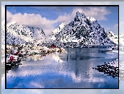 Norwegia, Jezioro, Góry, Domy, Zima, Chmury