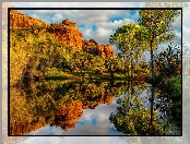 Odbicie, Arizona, Drzewa, Cathedral Rock, Sedona, Stany Zjednoczone, Rzeka Oak Creek, Skały