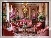 Obraz, Dywan, Sofa, Stolik, Fotele, Salon, Kolorowe, Kwiaty, Bukiety, Lustra