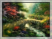 Obraz, Rzeczka, Most, Kwiaty, Drzewa