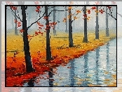 Obraz, Rzeka, Drzewa, Liście, Jesień