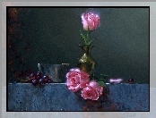 Obraz, Wazonik, Winogrona, Róże