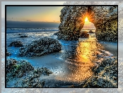 Ocean, Malibu, Skały, Promienie Słońca
