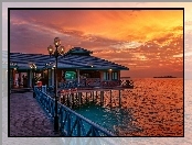 Ocean, Malediwy, Restauracja, Słońca, Wyspa, Zachód