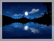 Odbicie, Noc, Jezioro, Księżyc, Gwiazdy