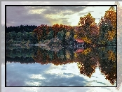Odbicie, Jesień, Jezioro, Las, Drzewa