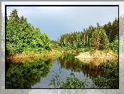 Odbicie, Jezioro, Las, Światło, Cień