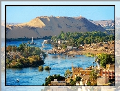 Egipt, Łódki, Drzewa, Aswan, Domy, Rzeka, Pustynia