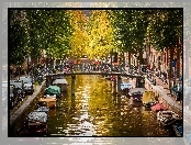 Łodzie, Amsterdam, Holandia, Jesień, Kanał, Most