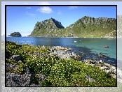Łodzie, Jezioro, Góry, Roślinność, Kamienie, Norwegia