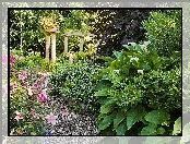 Ogród, Kolumny, Kwiaty, Ścieżka