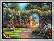 Ogród, Kwiaty, Mur, Brama
