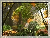 Ogród, Drzewa, Park, Mostek