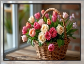 Koszyk, Stół, Kwiaty, Okno, Róże, Tulipany, Bukiet