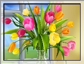 Okno, Kolorowe, Tulipany, Szklany, Wazonik