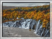 Skały, Żółte, Jesień, Islandia, Krzewy, Wodospad Hraunfossar