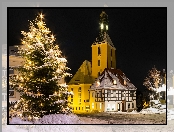 Kościół, Ośnieżona, Boże Narodzenie, Niemcy, Choinka, Hohnstein