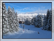 Ośrodek narciarski Courchevel, Ośnieżone, Lasy, Góry, Francja, Zima, Saint-Bon-Tarentaise, Alpy, Sabaudia, Drzewa, Miejscowość