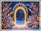 Łuk, Zima, Gałęzie, Oświetlony, Ośnieżone, Drzewa