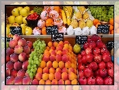 owoce, winogrona, brzoskwinie, banany