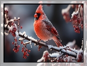 Czerwone, Ptak, Gałązka, Owoce, Ośnieżona, Kardynał