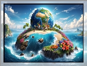Wyspa, Kwiaty, Grafika, Palmy, Ziemia, Morze, Planeta