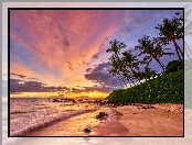 Hawaje, Zachód słońca, Chmury, Wyspa Maui, Wybrzeże, Morze, Palmy