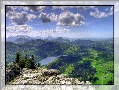 Panorama, Góry, Rzeka, Farmy, Pola