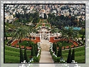 Ogród, Bab Bahai, Izrael, Palmy, Miasta, Panorama, Tarasy, Basen, Domy, Hajfa