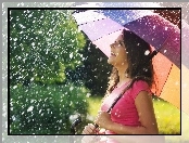 Parasolka, Radosna, Kobieta, Deszcz, Kolorowa