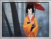 Gejsza, Parasol, 2D, Kobieta, Żółte, Kimono, Czerwony