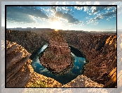 Park Narodowy Glen Canyon, Kolorado River, Stany Zjednoczone, Rzeka, Arizona, Skały, Kanion, Zakole, Horseshoe Bend, Promienie słońca