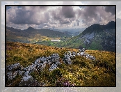 Kamienie, Park Narodowy Snowdonia, Walia, Chmury, Góry, Dolina