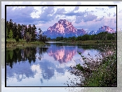 Park Narodowy Grand Teton, Stan Wyoming, Rzeka, Stany Zjednoczone, Góry Teton Range, Snake River, Drzewa, Chmury