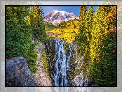Park Narodowy Mount Rainier, Stan Waszyngton, Stratowulkan Mount Rainier, Stany Zjednoczone, Góry, Wodospad, Myrtle Falls, Drzewa