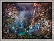 Chorwacja, Jeziora, Park Narodowy Jezior Plitwickich, Krzewy, Plitvice, Wodospad, Góry, Skały