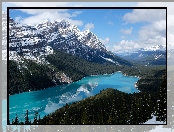 Park Narodowy Banff, Prowincja Alberta, Góry, Kanada, Jezioro Peyto Lake, Las, Drzewa, Chmury