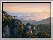Park prowincjonalny Daedunsan, Prowincja Jeolla Północna, Korea Południowa, Góry, Wschód słońca, Drzewa, Skały