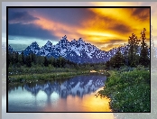 Park Narodowy Grand Teton, Stany Zjednoczone, Jezioro, Góry, Zachód słońca, Stan Wyoming, Drzewa, Teton Range, Las