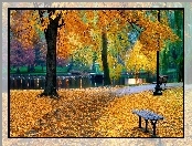 Park, Jesień, Rzeka, Ławka