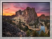 Park stanowy Smith Rock, Stany Zjednoczone, Drzewa, Góry, Zachód słońca, Stan Oregon, Crooked River, Skały, Rzeka