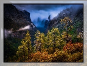 Park Narodowy Yosemite, Stan Kalifornia, Sierra Nevada, Stany Zjednoczone, Góry, Las, Drzewa, Chmury