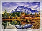 Park Narodowy Banff, Kanada, Lasy, Góry, Jesień, Prowincja Alberta, Most, Szczyt Mount Rundle, Jezioro Vermilion Lakes