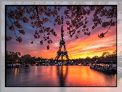 Paryż, Francja, Rzeka, Grafika AI, Wieża Eiffla, Zachód słońca, Sekwana